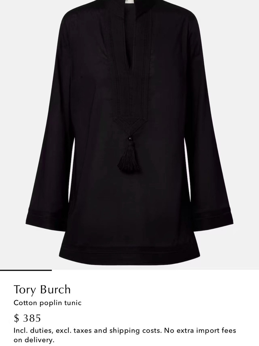 Tory Burch Black Cotton Poplin Tunic with Tassel Detail